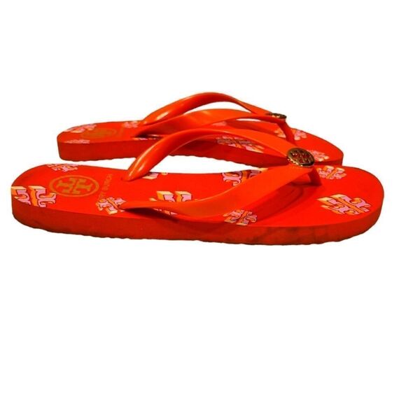 Tory Burch TPU/EVA Flip Flop Sandals Poppy Red Crazy Logo Gold Logo | 8 - Picture 2 of 9